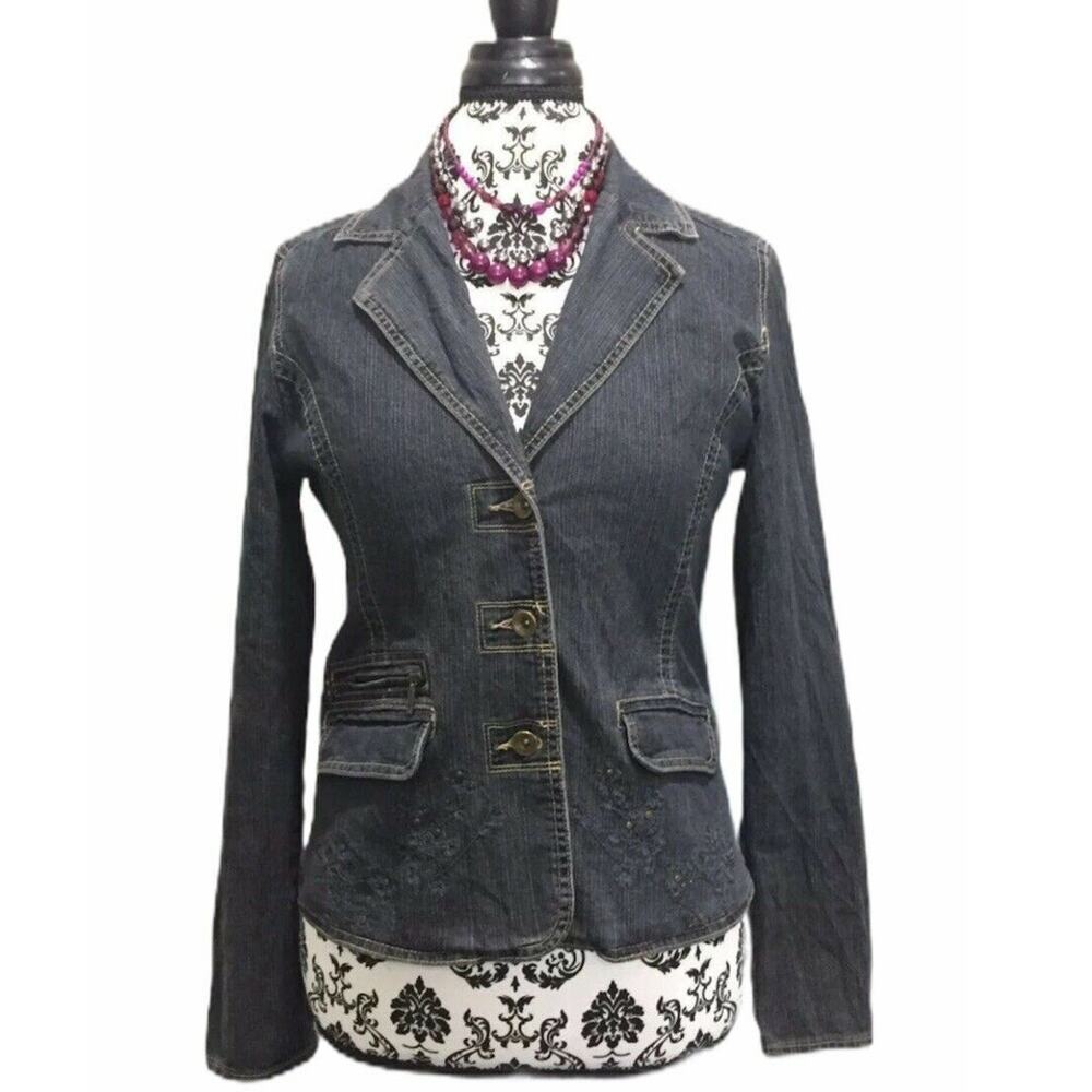 Marie Claire Vintage Sz 5 Dark Wash Blue Stretch Denim Embroidered Stud Jacket